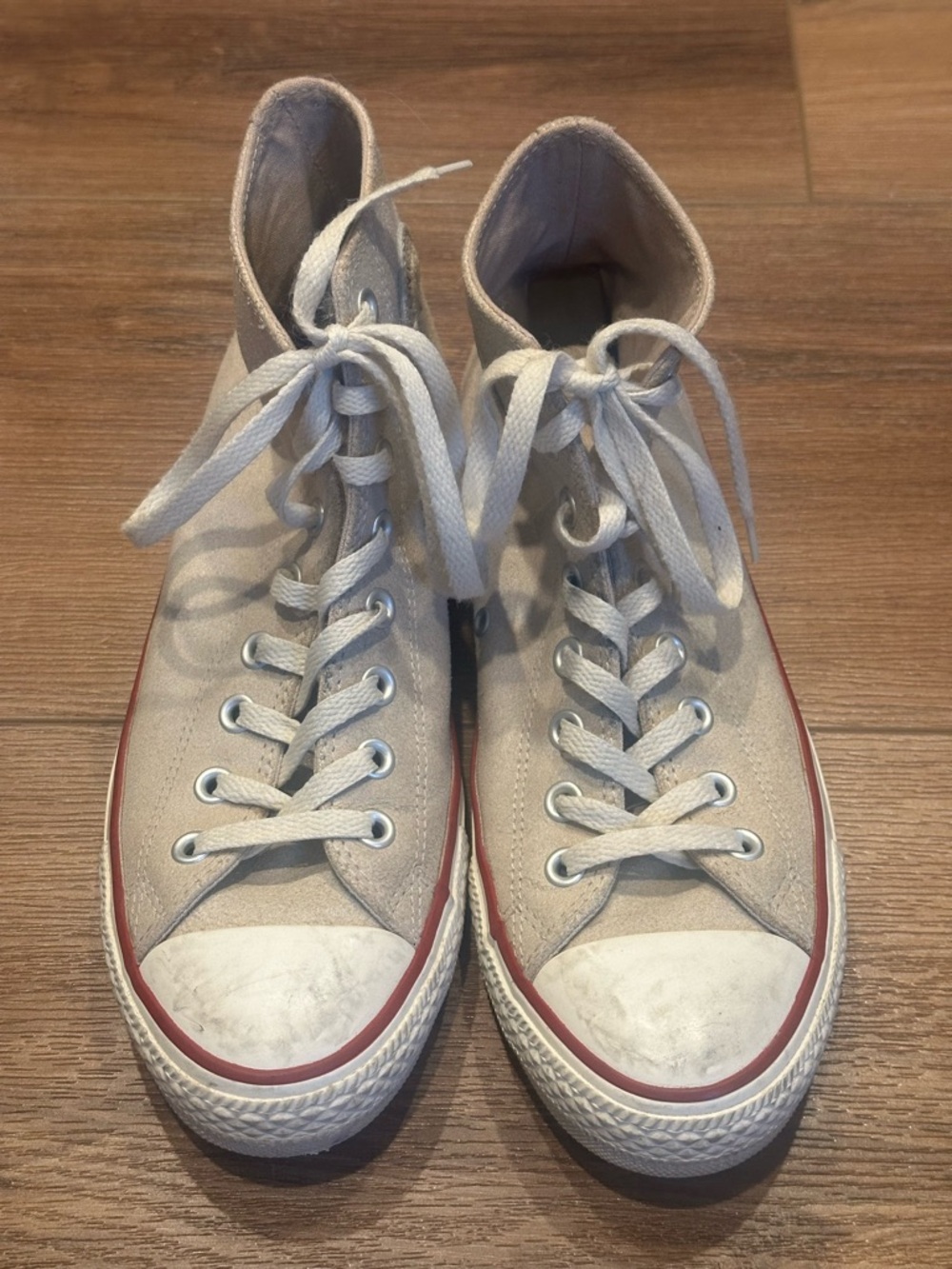 High-Top Canvas Sneakers in Light Beige with Red Trim